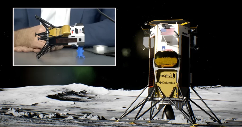 During a press briefing held on February 23, 2024, Intuitive Machines showcased an illustration of their upcoming moon landing vehicle, Odysseus, alongside a model demonstrating the actual configuration. (Credit: NASA)